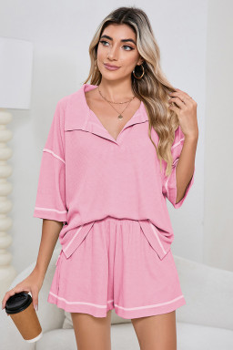 Pink Breathable Waffle Color Block Trim 2pcs Casual Short Set
