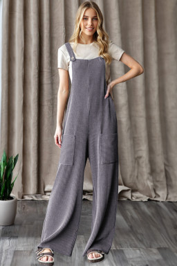 Dark Grey Ribbed Knit Patched Pocket Wide Leg Overalls