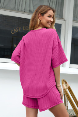 Rose Red Solid Color Waffled V Neck Loose Tee Drawstring Shorts Set