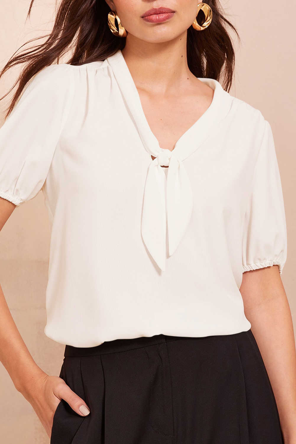 White Bow Tie V Neck Puff Sleeve Blouse