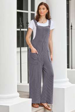 Dark Grey Ribbed Knit Patched Pocket Wide Leg Overalls