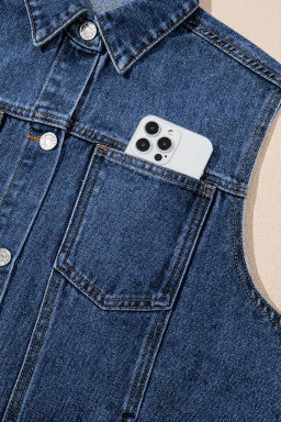 Dark Blue Tailor Seam Detail Button Down Denim Vest
