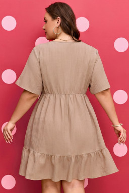 Dark Khaki Plus Size Textured Ruffled Short Sleeve Dress