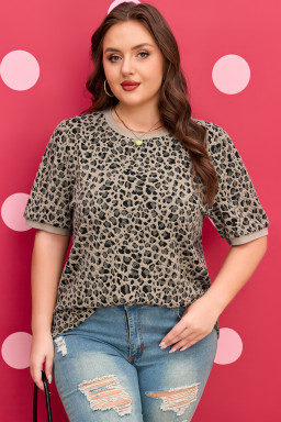 Khaki Leopard Print Textured Plus Size T Shirt