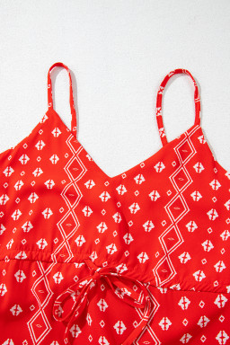 Red Boho Fashion Print Spaghetti Straps Drawstring Maxi Dress
