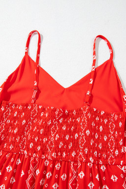 Red Boho Fashion Print Spaghetti Straps Drawstring Maxi Dress