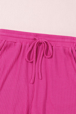 Rose Red Solid Color Waffled V Neck Loose Tee Drawstring Shorts Set