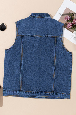 Dark Blue Tailor Seam Detail Button Down Denim Vest