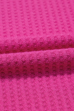 Rose Red Solid Color Waffled V Neck Loose Tee Drawstring Shorts Set