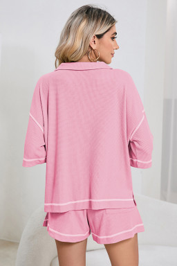 Pink Breathable Waffle Color Block Trim 2pcs Casual Short Set