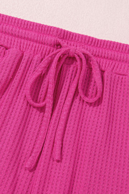 Rose Red Solid Color Waffled V Neck Loose Tee Drawstring Shorts Set