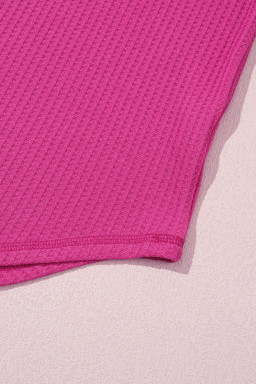 Rose Red Solid Color Waffled V Neck Loose Tee Drawstring Shorts Set