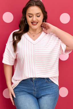 Pink Stripe Plus Size V Neck Exposed Seam Patchwork T Shirt