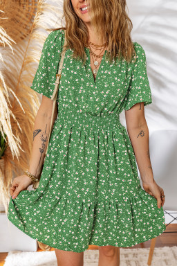 Green Floral Print Wrap V Neck Short Sleeve High Waistband Mini Dress