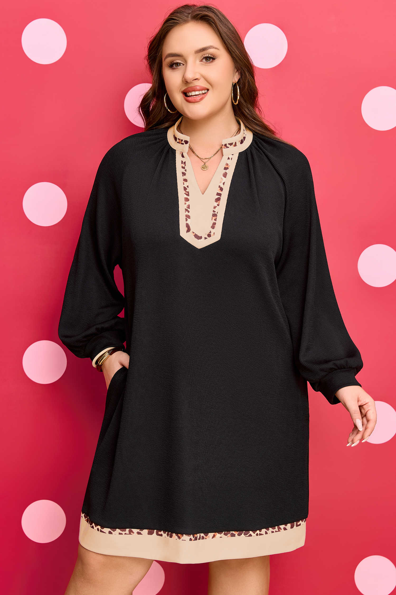 Black Contrast Color Block Leopard Trim Plus Size Ribbed Dress