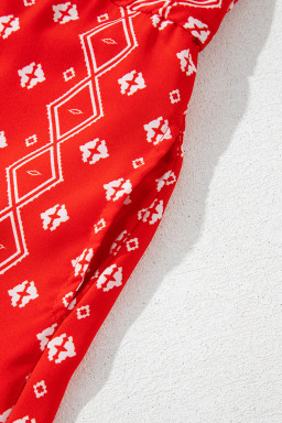 Red Boho Fashion Print Spaghetti Straps Drawstring Maxi Dress