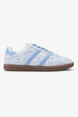 Light Blue Floral Print Lace-up PU Leather Flat Shoes