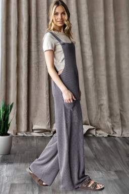 Dark Grey Ribbed Knit Patched Pocket Wide Leg Overalls