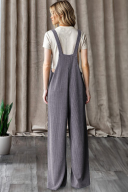 Dark Grey Ribbed Knit Patched Pocket Wide Leg Overalls