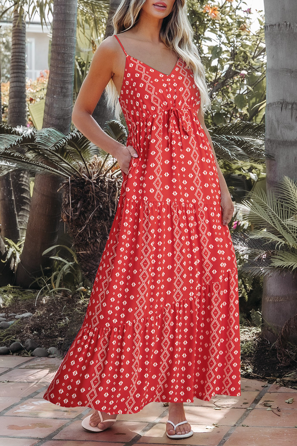 Red Boho Fashion Print Spaghetti Straps Drawstring Maxi Dress
