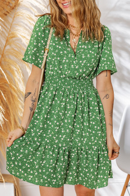 Green Floral Print Wrap V Neck Short Sleeve High Waistband Mini Dress