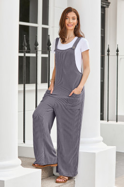 Dark Grey Ribbed Knit Patched Pocket Wide Leg Overalls