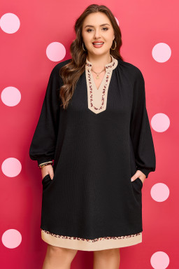 Black Contrast Color Block Leopard Trim Plus Size Ribbed Dress