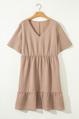 Dark Khaki Plus Size Textured Ruffled Short Sleeve Dress