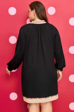 Black Contrast Color Block Leopard Trim Plus Size Ribbed Dress