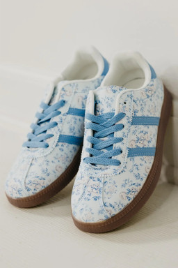 Light Blue Floral Print Lace-up PU Leather Flat Shoes