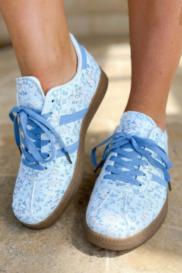 Light Blue Floral Print Lace-up PU Leather Flat Shoes