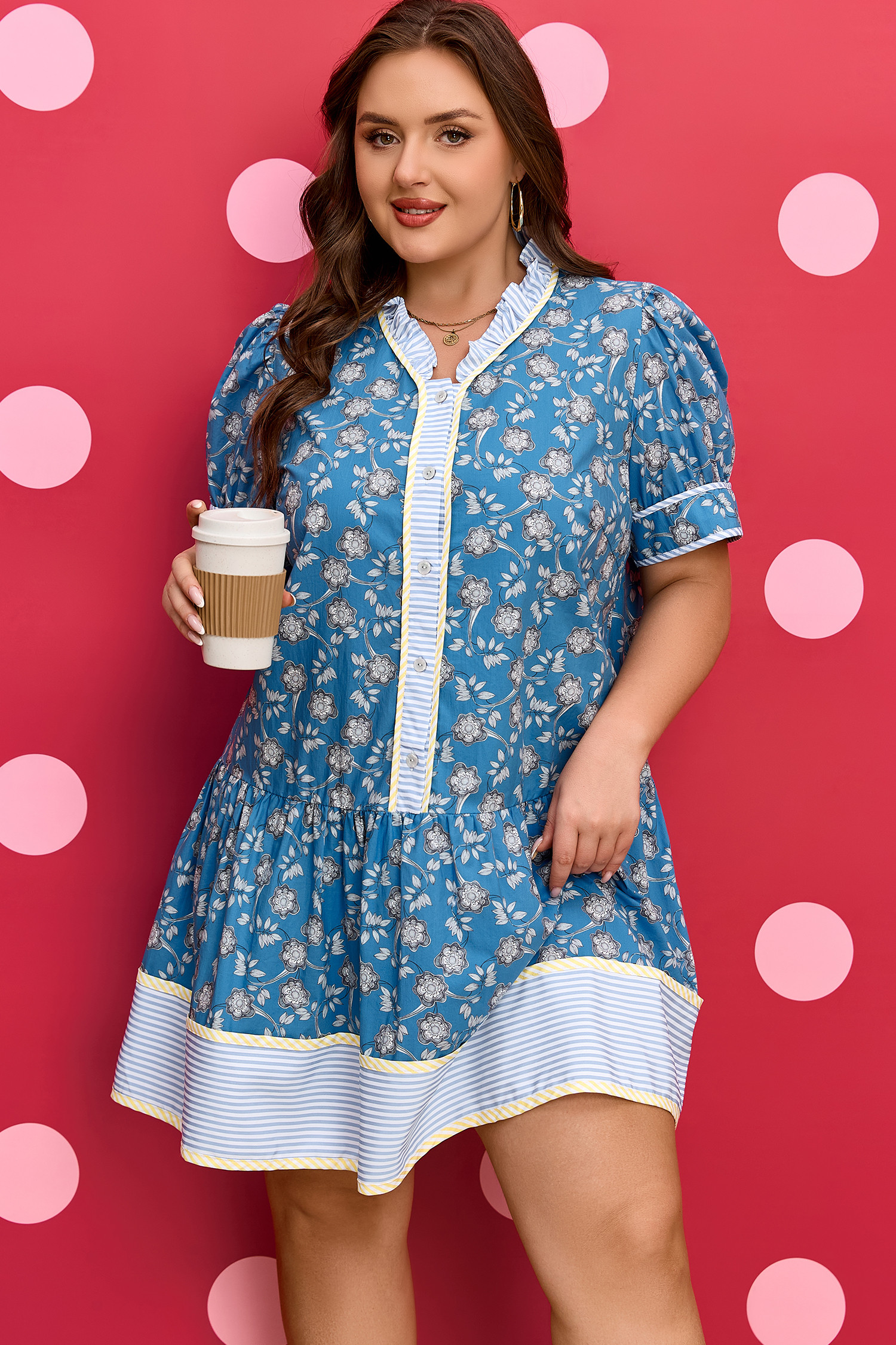 Blue Plus Size Floral Print Striped Patchwork Detail Button Front Ruffle Hem Dress