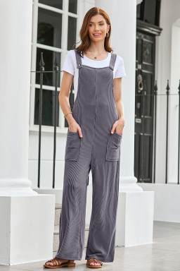 Dark Grey Ribbed Knit Patched Pocket Wide Leg Overalls