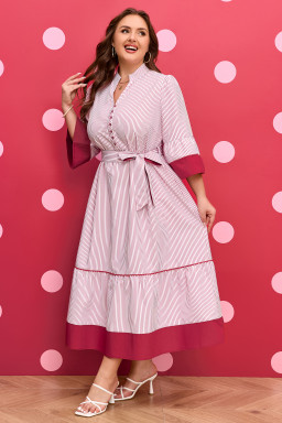 Red Stripe Plus Size Ruffled Hem Pinstriped Midi Dress