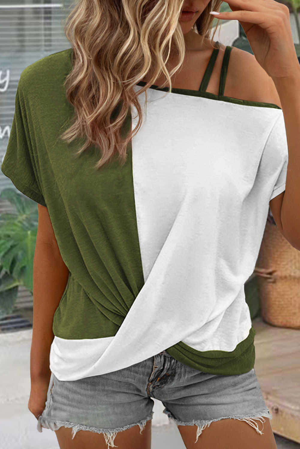 Fern Green Asymmetric Shoulder Color Block Twist Detail Loose Top