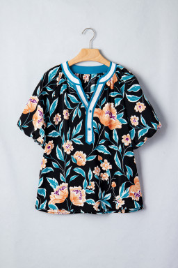 Black Floral Short Bubble Sleeve Buttoned Notched Neck Blouse