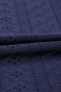 Navy Blue Solid Color Eyelet Jacquard Cuffed Short Sleeve Top