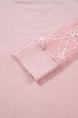 Light Pink Solid Color Bow Textured Patchwork Long Sleeve Tee