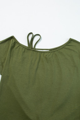 Fern Green Asymmetric Shoulder Color Block Twist Detail Loose Top