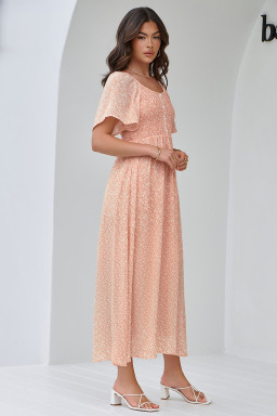 Pink Floral Print Button Smocked Bodice Long Dress