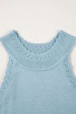 Sky Blue White Cut-out Scalloped Hem Skinny Tank Top