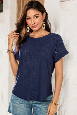 Navy Blue Solid Color Eyelet Jacquard Cuffed Short Sleeve Top