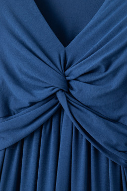 Sail Blue Solid Color Front Twist Puff Sleeve Ruffled Dress