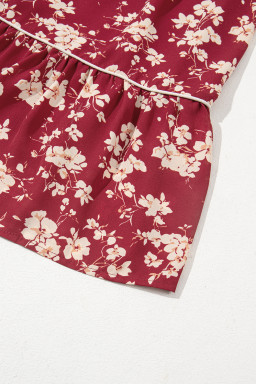 Red Floral Print Contrast Trim Button Tie Neck Swing Dress