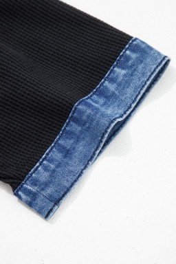 Black Waffle Knit Denim Contrast Trim Patchwork Button Polo Collar Top