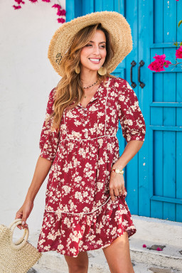 Red Floral Print Contrast Trim Button Tie Neck Swing Dress