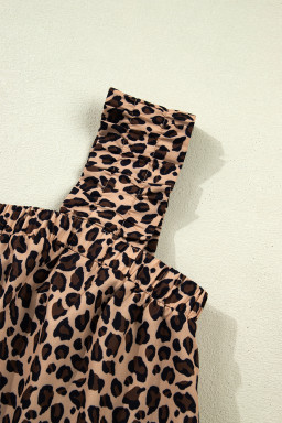 Brown Leopard Print Frilled Square Neck Tank Top