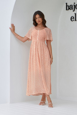 Pink Floral Print Button Smocked Bodice Long Dress