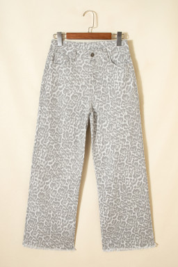 Gray Leopard Frayed Edge Wide Leg High Waist Jeans
