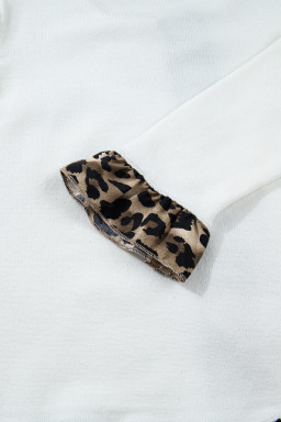 White Knitted Leopard Ruffle Patchwork Button Down Cropped Cardigan